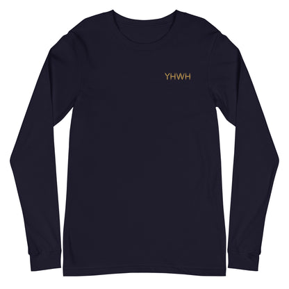 This custom embroidered Christian long sleeve t-shirt features the letters YHWH embroidered on the top left chest in gold thread, giving a touch of elegance to a classic look.