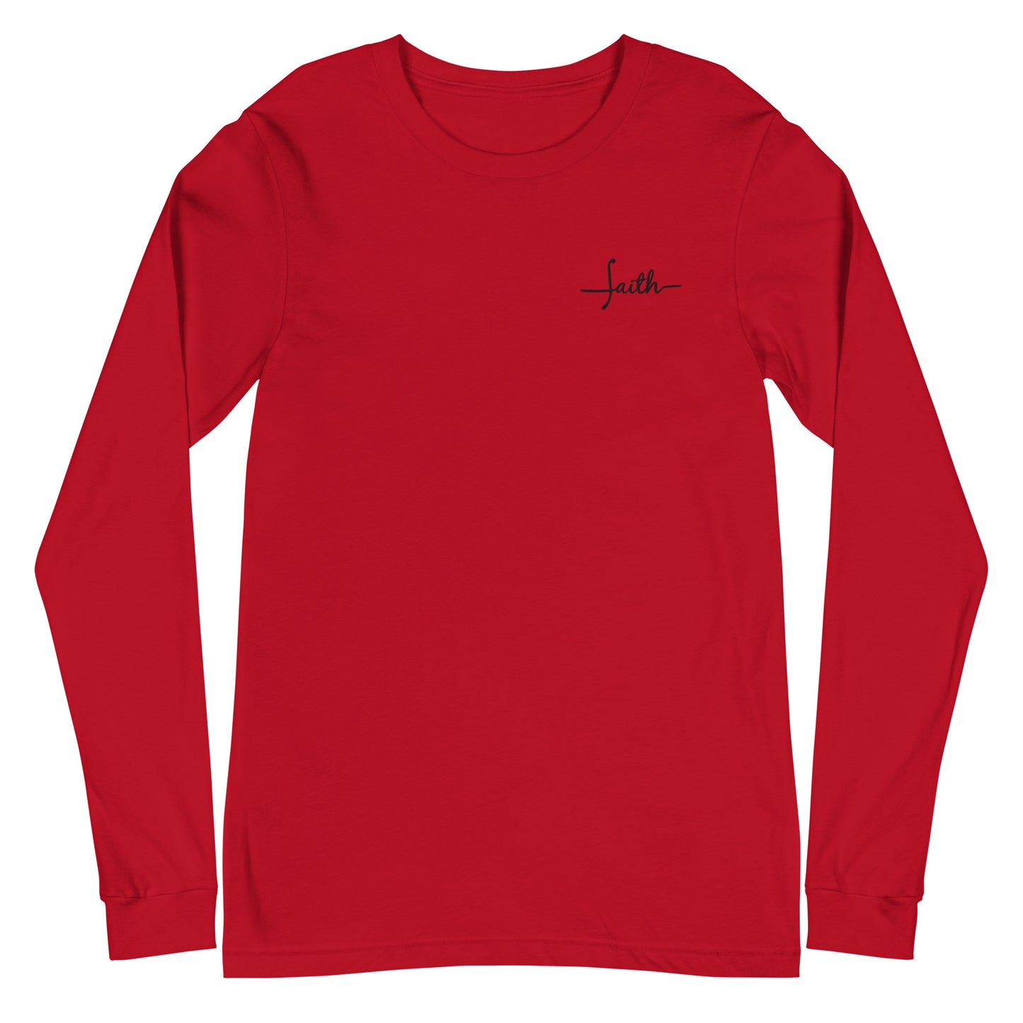 This custom Christian long sleeve t-shirt has the word Faith embroidered in black thread on the top left chest, the word faith is embroidered in a cursive font.