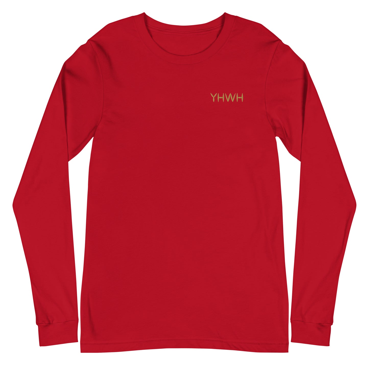 This custom embroidered Christian long sleeve t-shirt features the letters YHWH embroidered on the top left chest in gold thread, giving a touch of elegance to a classic look.