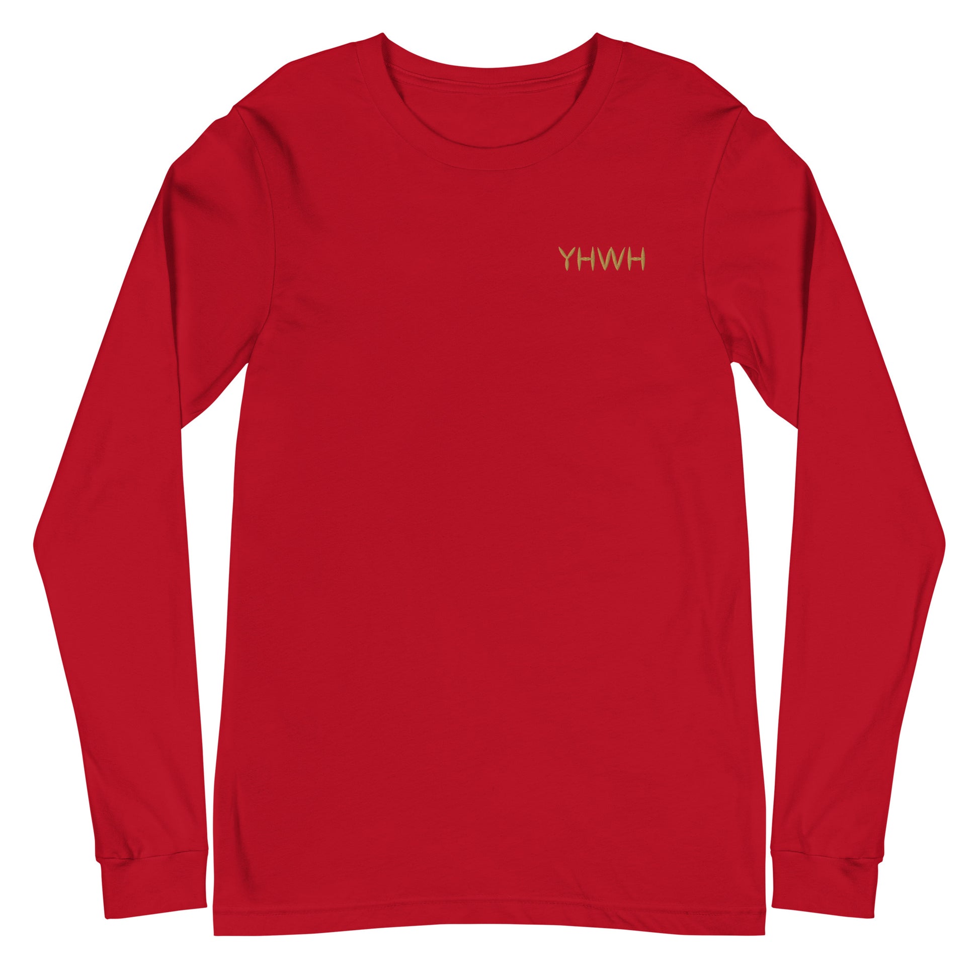 This custom embroidered Christian long sleeve t-shirt features the letters YHWH embroidered on the top left chest in gold thread, giving a touch of elegance to a classic look.
