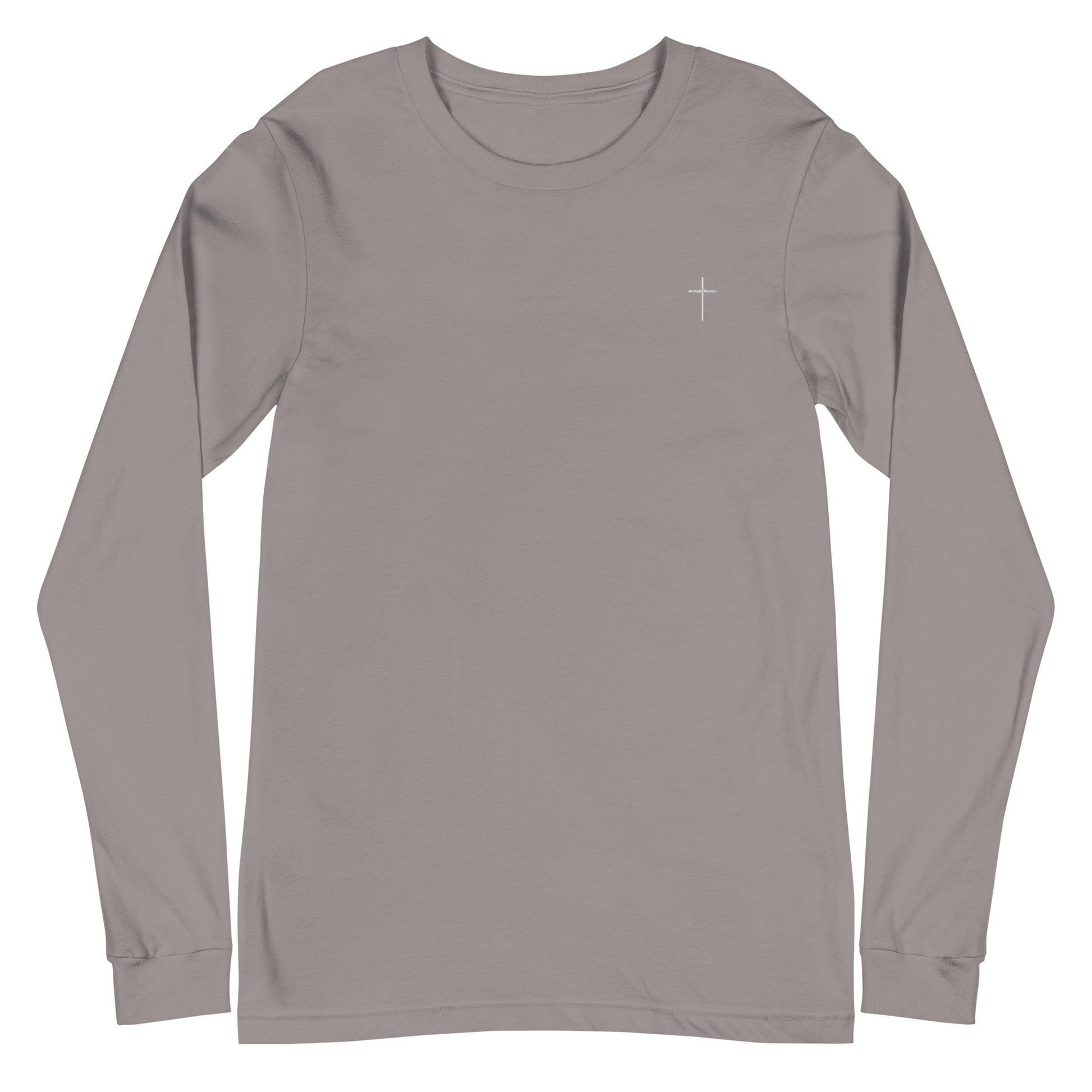 A classic unisex long sleeve Christian t-shirt features an embroidered white cross on the upper left chest of the shirt.