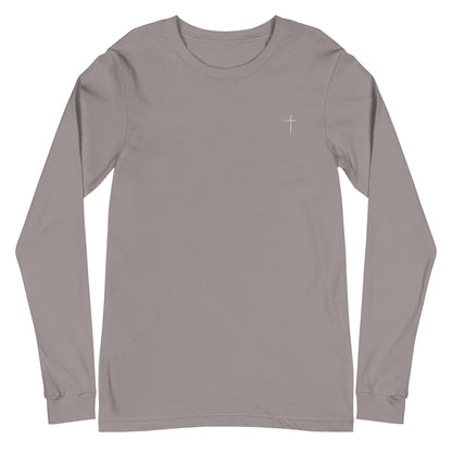 A classic unisex long sleeve Christian t-shirt features an embroidered white cross on the upper left chest of the shirt.