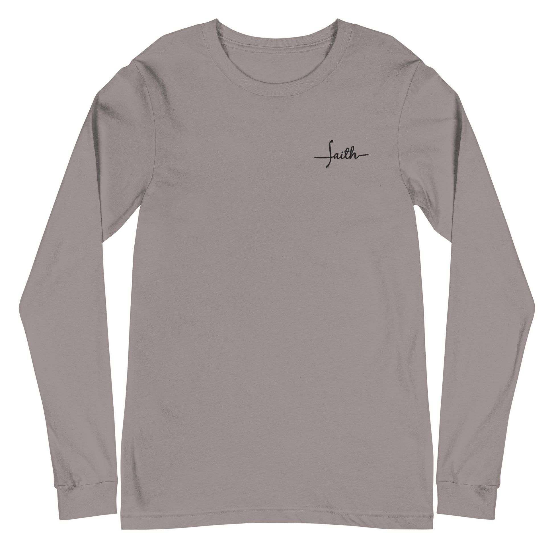 This custom Christian long sleeve t-shirt has the word Faith embroidered in black thread on the top left chest, the word faith is embroidered in a cursive font.