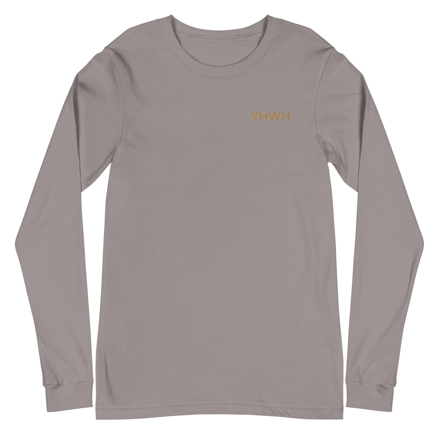 This custom embroidered Christian long sleeve t-shirt features the letters YHWH embroidered on the top left chest in gold thread, giving a touch of elegance to a classic look.
