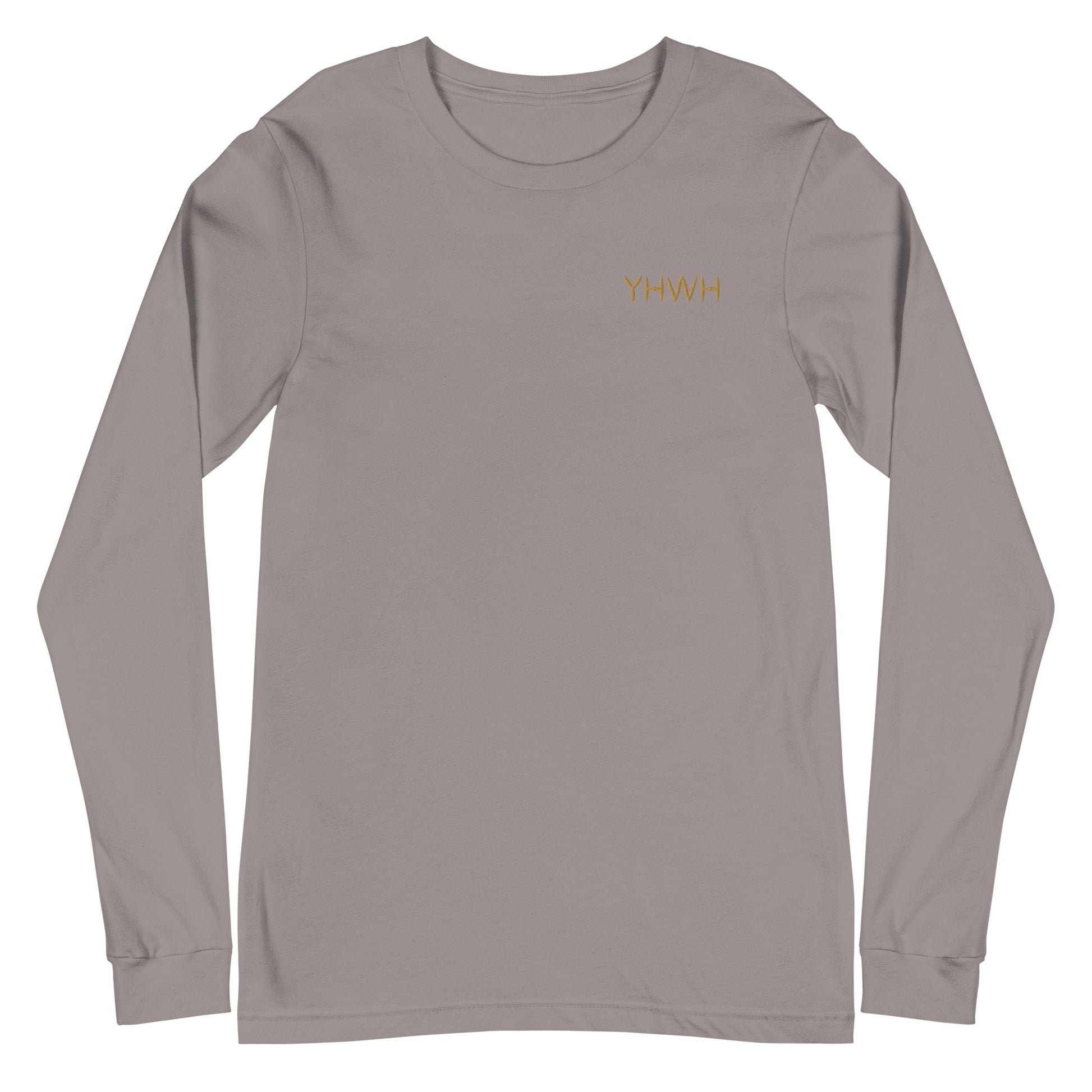 This custom embroidered Christian long sleeve t-shirt features the letters YHWH embroidered on the top left chest in gold thread, giving a touch of elegance to a classic look.
