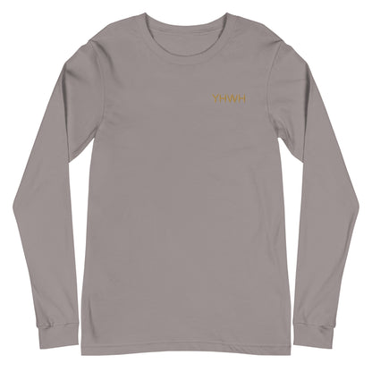 This custom embroidered Christian long sleeve t-shirt features the letters YHWH embroidered on the top left chest in gold thread, giving a touch of elegance to a classic look.