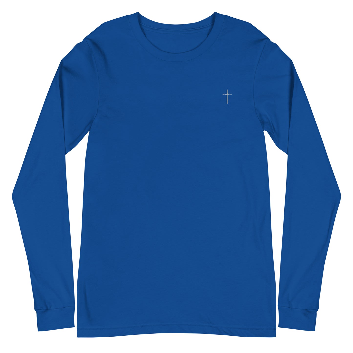 A classic unisex long sleeve Christian t-shirt features an embroidered white cross on the upper left chest of the shirt.