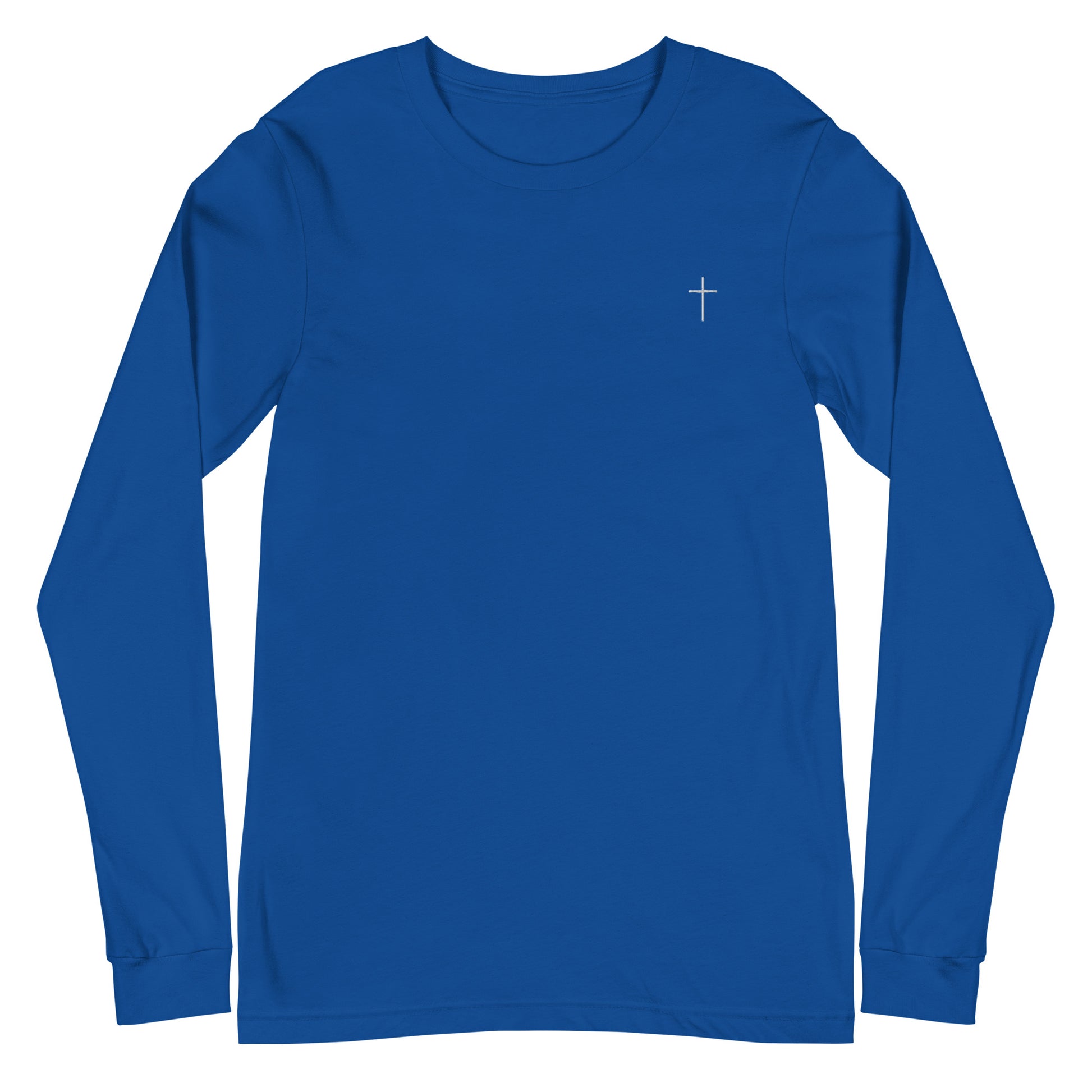 A classic unisex long sleeve Christian t-shirt features an embroidered white cross on the upper left chest of the shirt.
