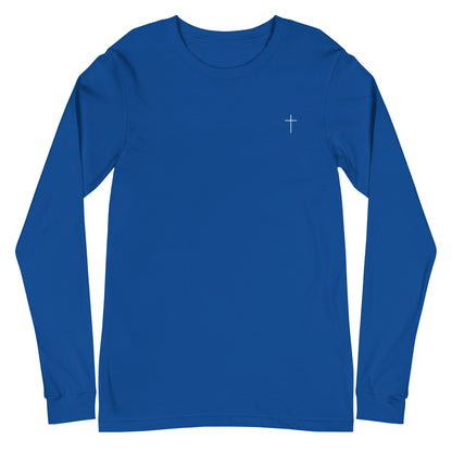 A classic unisex long sleeve Christian t-shirt features an embroidered white cross on the upper left chest of the shirt.