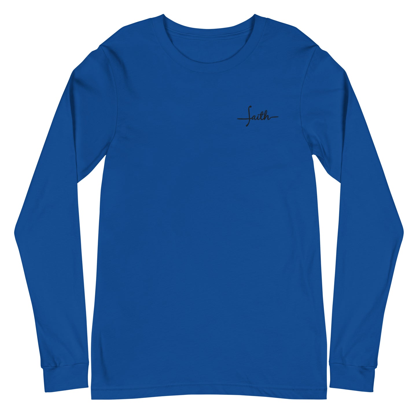 This custom Christian long sleeve t-shirt has the word Faith embroidered in black thread on the top left chest, the word faith is embroidered in a cursive font.