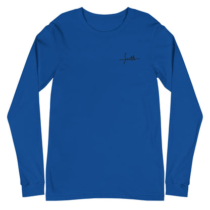 This custom Christian long sleeve t-shirt has the word Faith embroidered in black thread on the top left chest, the word faith is embroidered in a cursive font.