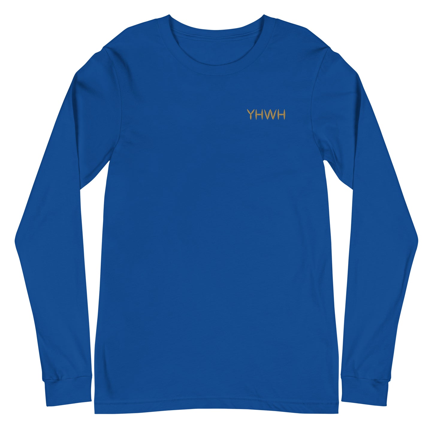This custom embroidered Christian long sleeve t-shirt features the letters YHWH embroidered on the top left chest in gold thread, giving a touch of elegance to a classic look.