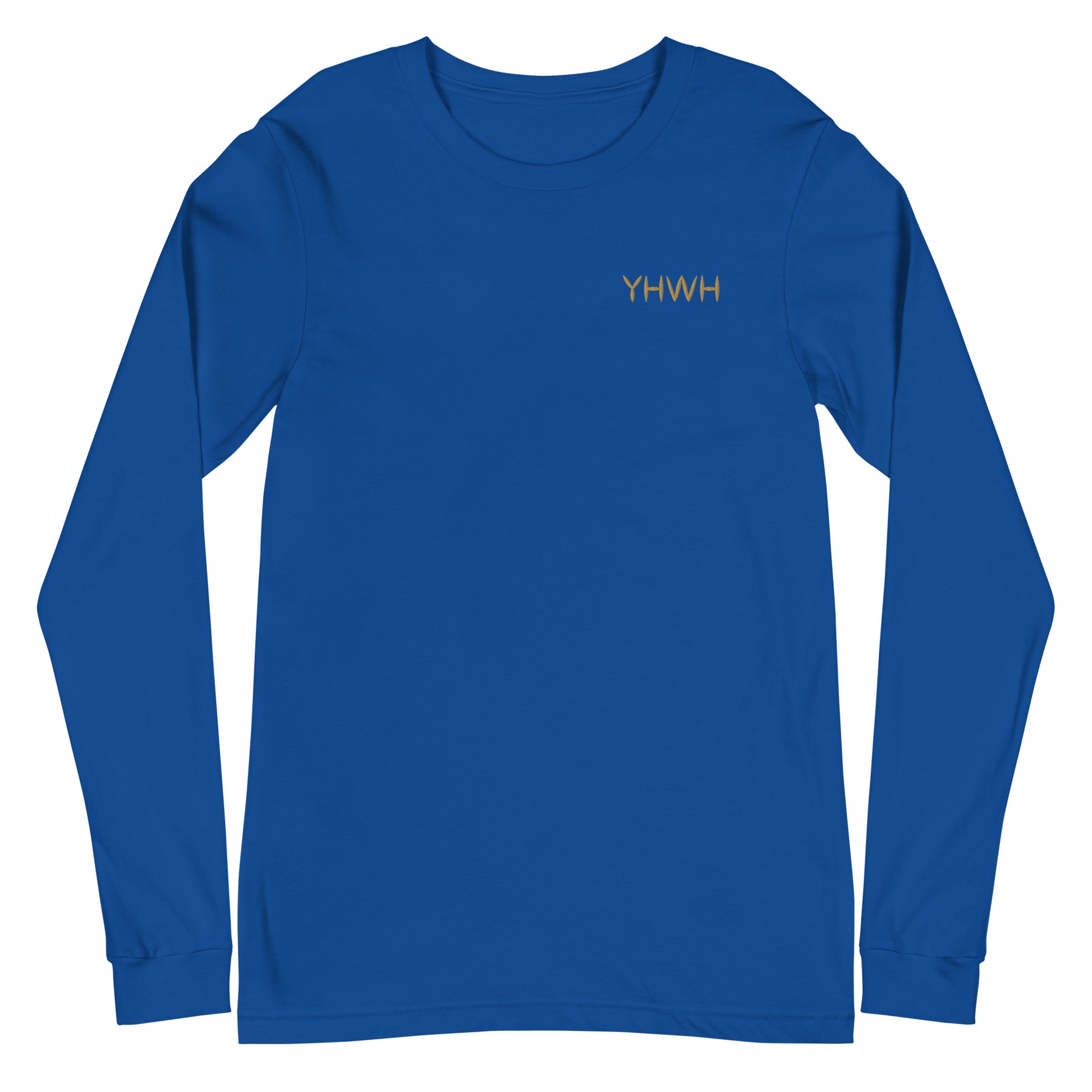 This custom embroidered Christian long sleeve t-shirt features the letters YHWH embroidered on the top left chest in gold thread, giving a touch of elegance to a classic look.