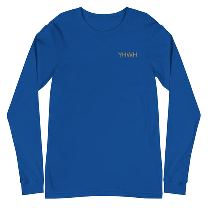 This custom embroidered Christian long sleeve t-shirt features the letters YHWH embroidered on the top left chest in gold thread, giving a touch of elegance to a classic look.
