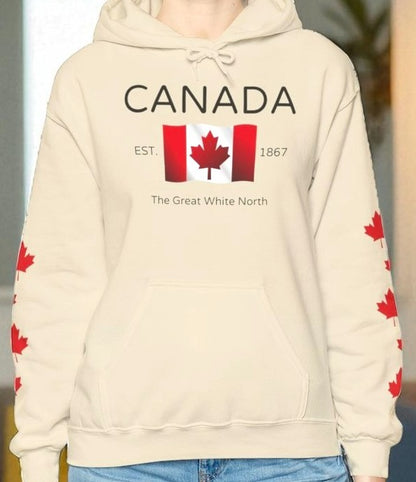 On the front of this custom unisex patriotic sweater is a Canadian flag that looks like it is flying in the wind, the words Canada The Great White North are underneath the flag with the word Est on the right side of the flag with the number 1867 being on the left side of the flag. Each are has red maple leaves that run down each sleeve to the cuff.