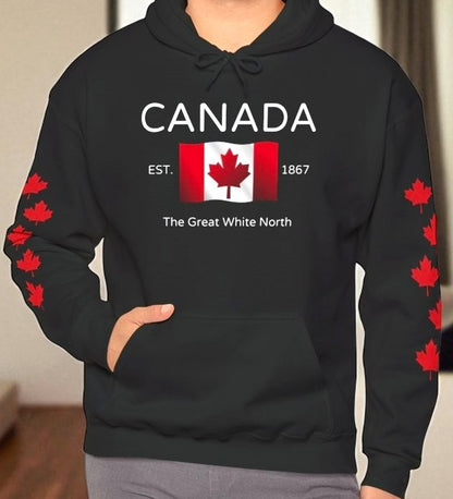 On the front of this custom unisex patriotic sweater is a Canadian flag that looks like it is flying in the wind, the words Canada The Great White North are underneath the flag with the word Est on the right side of the flag with the number 1867 being on the left side of the flag. Each are has red maple leaves that run down each sleeve to the cuff.
