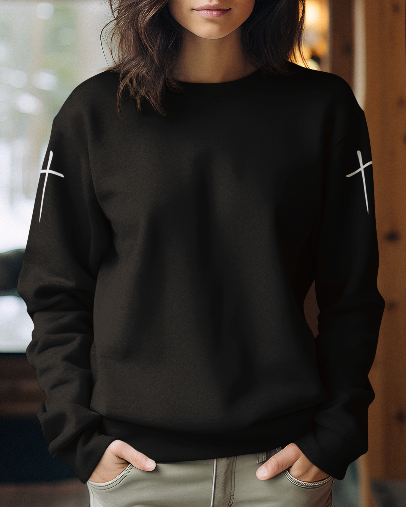 On this custom Christian pullover sweatshirt there are two Jesus crosses, one on either shoulder of the sweater.
