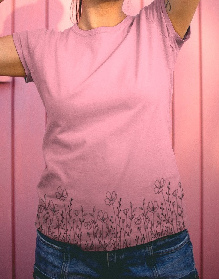 This completely custom super soft women's handmade short sleeve tee can be fully personalized with you able to choose whatever color of shirt you would prefer along with the wildflower design in black along the entire bottom of the t-shirt.