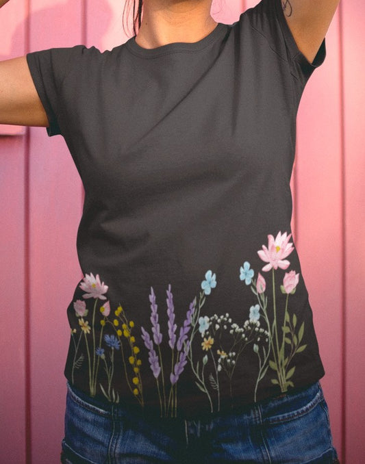 This completely custom super soft women's handmade tee can be fully personalized with you able to choose whatever color of shirt you would prefer along with the wildflower design that's in multiple colors along the entire bottom of the t-shirt.
